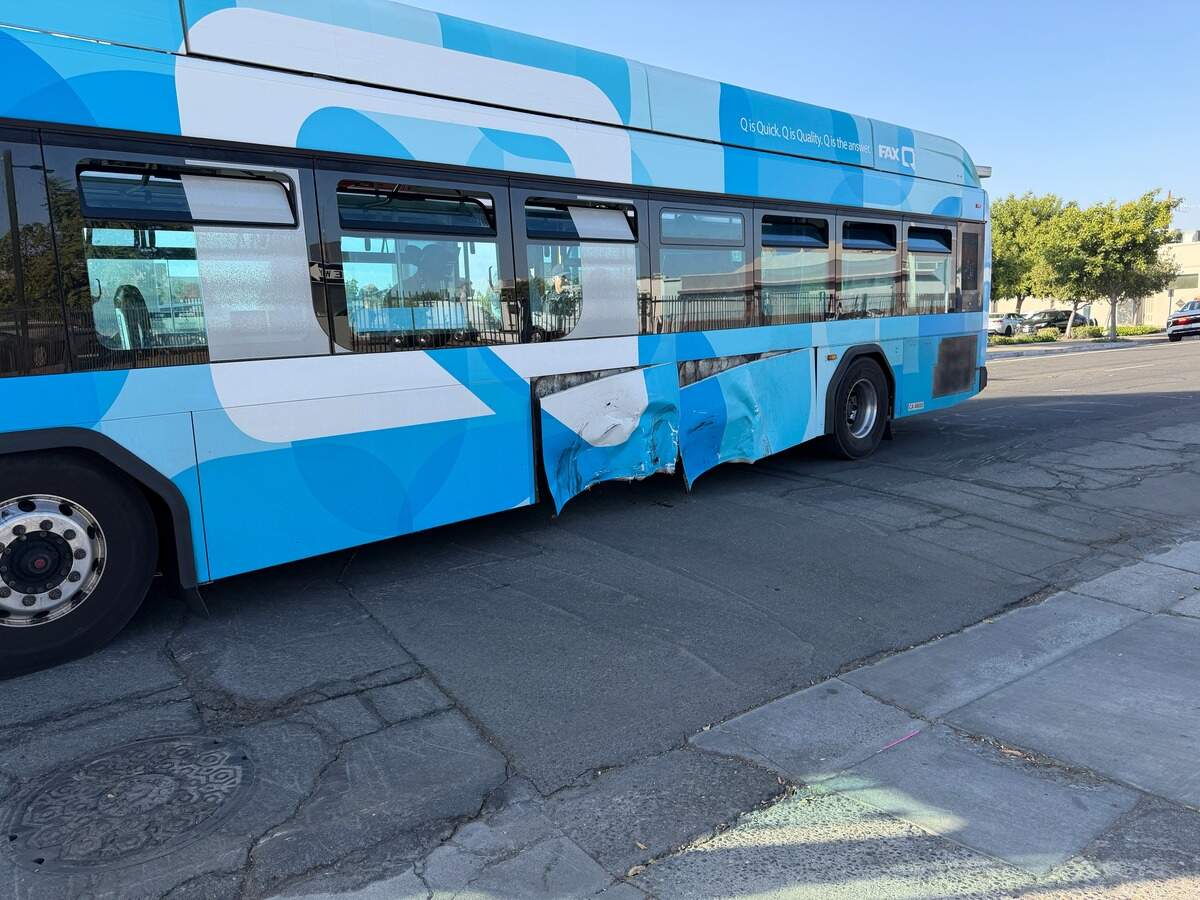 The damage to the Fresno city bus caused by the crash at Stanislaus and M streets Tuesday afternoon.